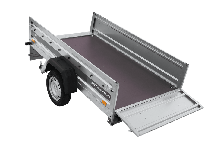 Leichter Anhänger 230x125 UNITRAILER FORCE 230 KIPP mit BIS-Seitenwänden, H-0-Rahmen und blauer Plane