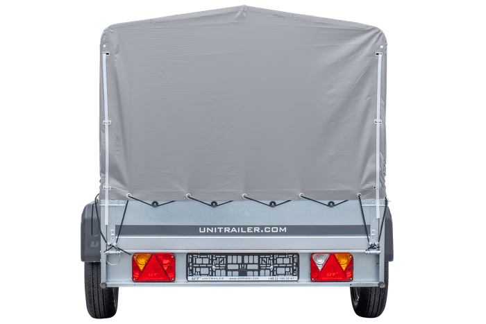 Einachsanhänger 230x125 UNITRAILER GARDEN 230 FD mit H-800-Rahmen und grauer Plane