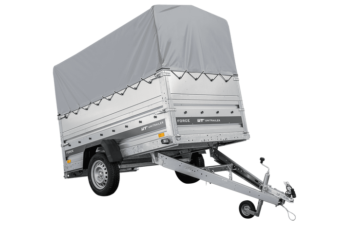 Autotransportanhänger 230x125 UNITRAILER FORCE 230 KIPP mit BIS-Seitenwänden, H-800-Rahmen und grauer Plane
