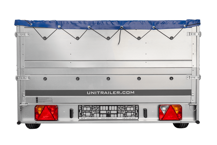 Autotransportanhänger auf Blattfedern 264x150 UNITRAILER GARDEN 265/R KIPP mit BIS-Seitenwänden, H-0-Rahmen und blauer Plane