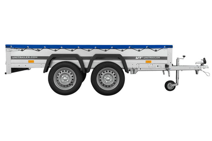 GARDEN TRAILER 264/2 KIPP MIT STÜTZRAD, PLANENTRÄGER UND BLAUER FLACHPLANE