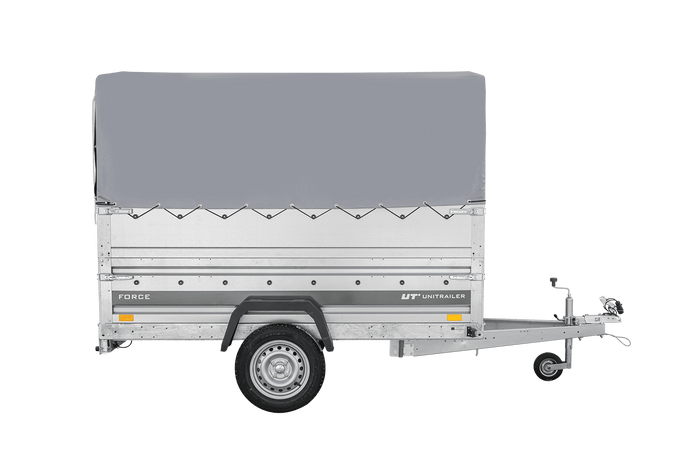 Autotransportanhänger 230x125 UNITRAILER FORCE 230 KIPP mit BIS-Seitenwänden, H-800-Rahmen und grauer Plane