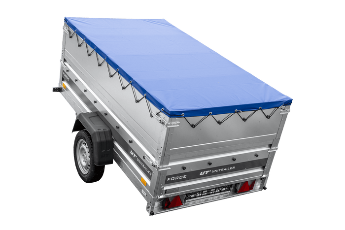 Leichter Anhänger 230x125 UNITRAILER FORCE 230 KIPP mit BIS-Seitenwänden, H-0-Rahmen und blauer Plane