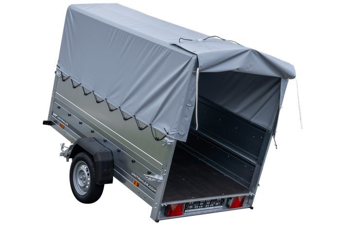 PKW-Anhänger 230x125 UNITRAILER GARDEN 230 KIPP mit Zusatzbordwänden und grauer Hochplane 80 cm