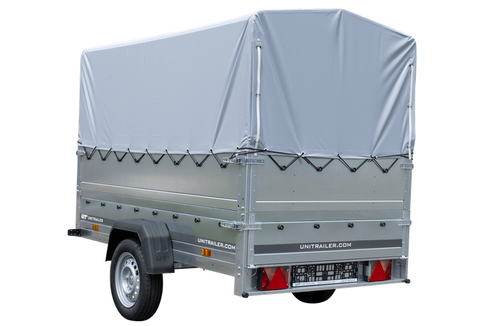 PKW-Anhänger 230x125 UNITRAILER GARDEN 230 KIPP mit Zusatzbordwänden und grauer Hochplane 80 cm
