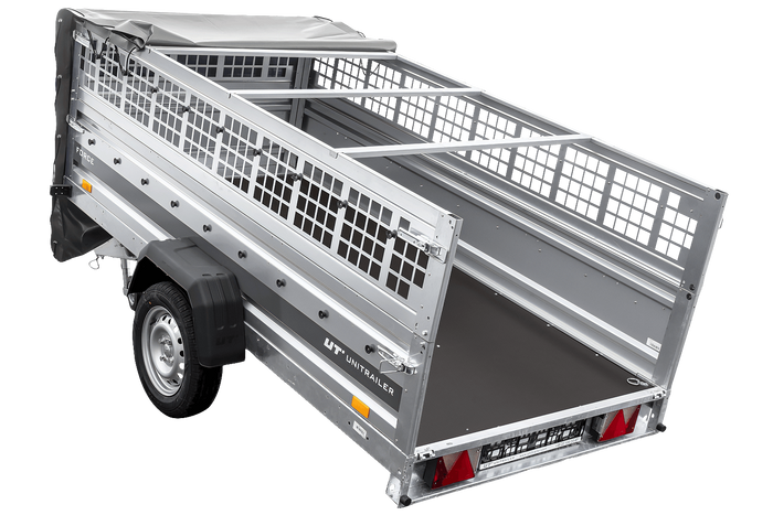 Einachsanhänger 264x125 UNITRAILER FORCE 264 KIPP mit Gitterwänden, H-0-Rahmen und grauer Plane