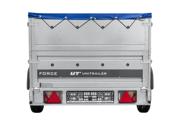 Leichter Anhänger 230x125 UNITRAILER FORCE 230 KIPP mit BIS-Seitenwänden, H-0-Rahmen und blauer Plane