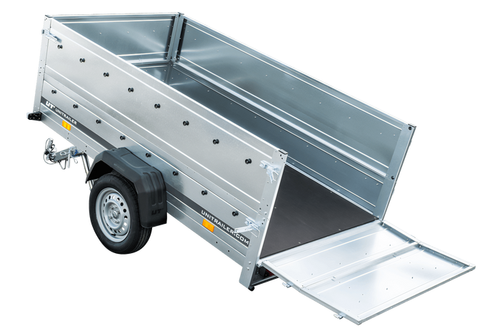PKW-Anhänger 230x125 UNITRAILER GARDEN 230 KIPP mit Zusatzbordwänden und grauer Plane
